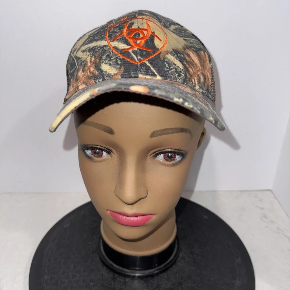 Ariat Men's Camo  Trucker Cap Hat Snap Back  orange logo